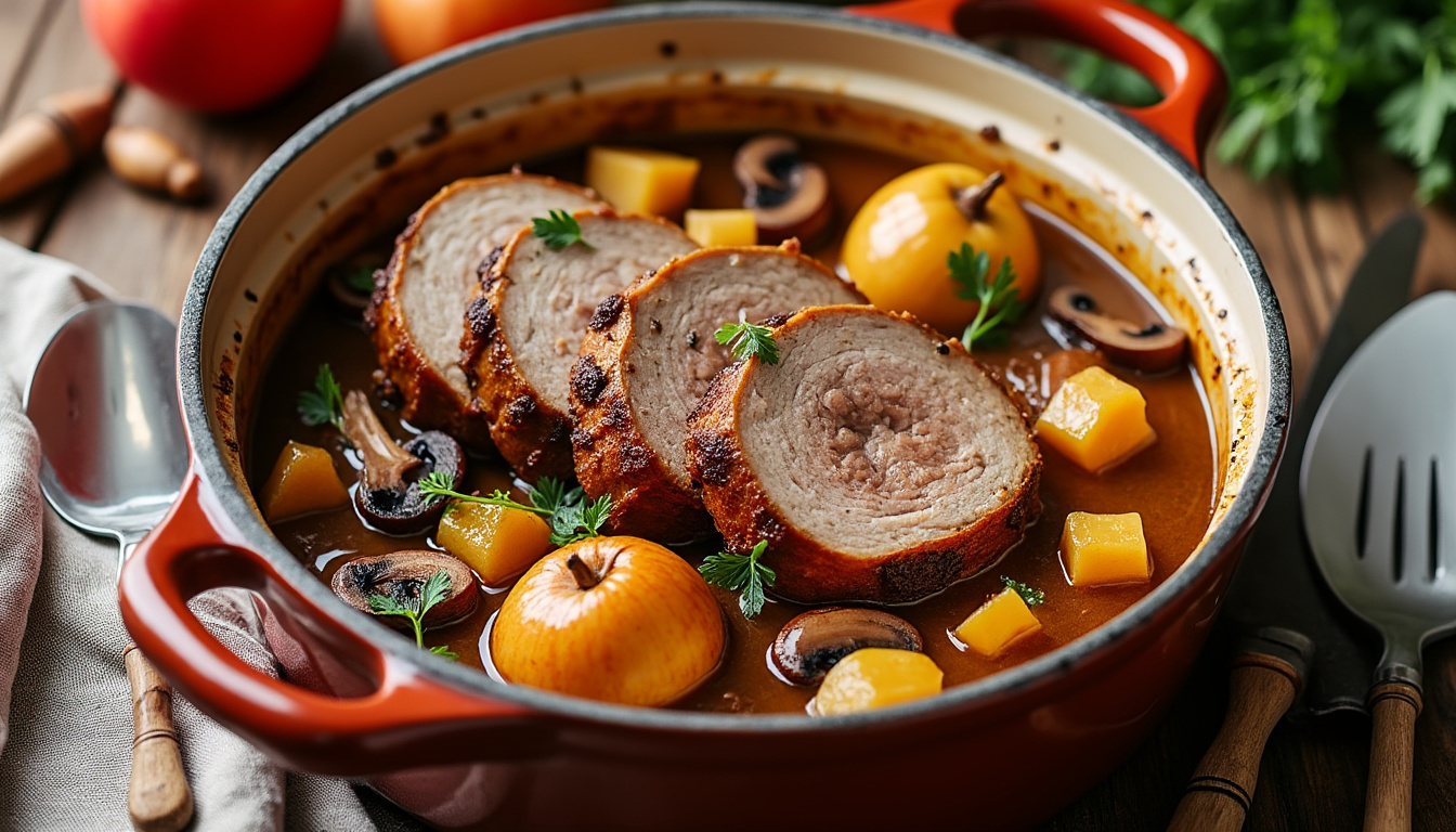 découvrez notre recette classique de filet mignon au cidre, accompagné de pommes et champignons mijotés en cocotte pour un plat savoureux et réconfortant.