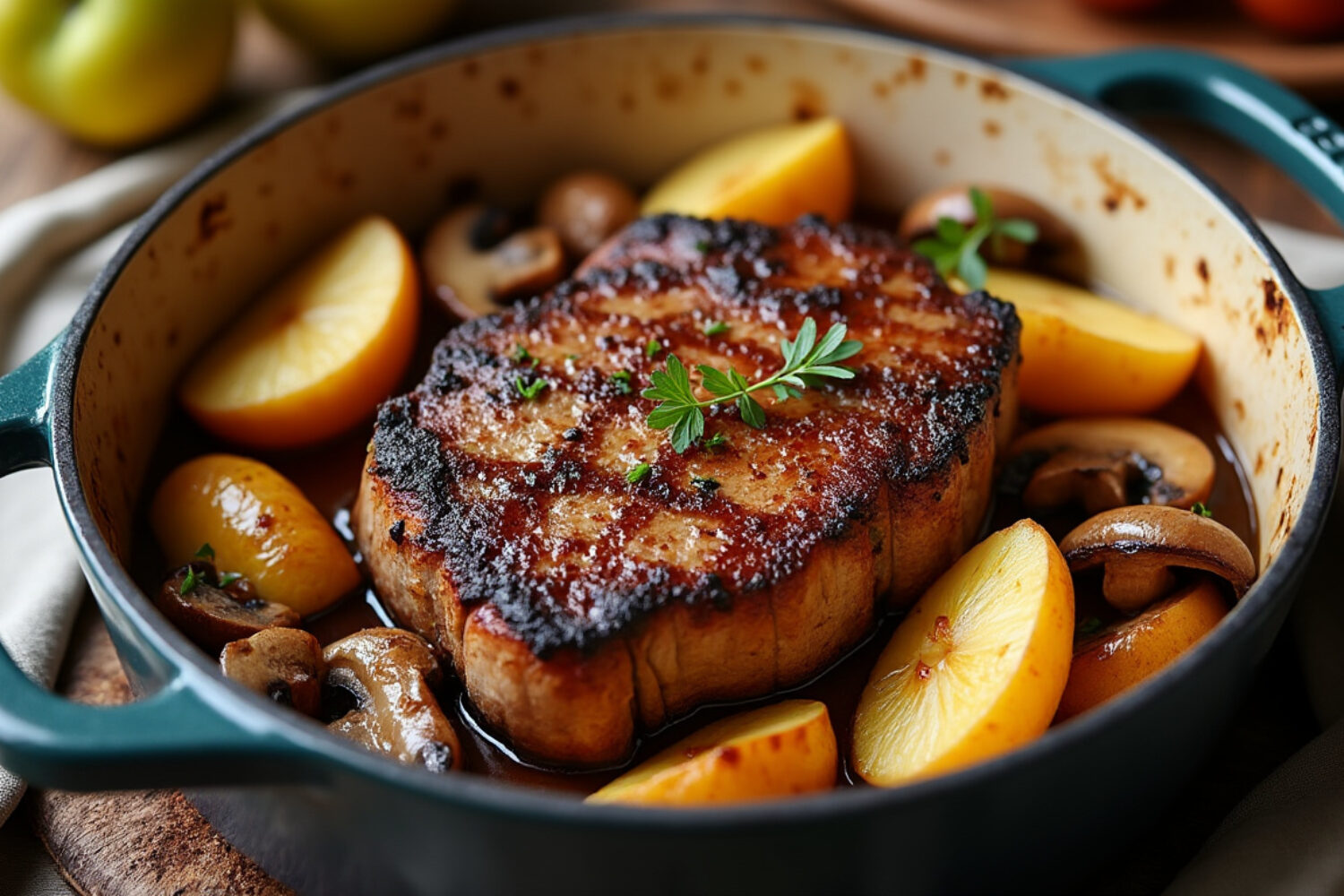 Filet mignon au cidre : recette classique avec pommes et champignons en cocotte
