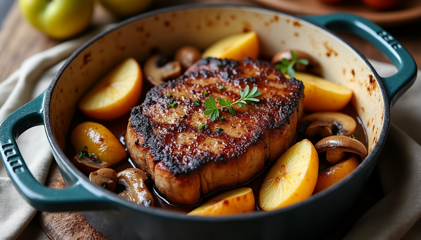 découvrez notre recette classique de filet mignon au cidre, accompagnée de pommes et champignons mijotés en cocotte pour un plat savoureux et réconfortant.