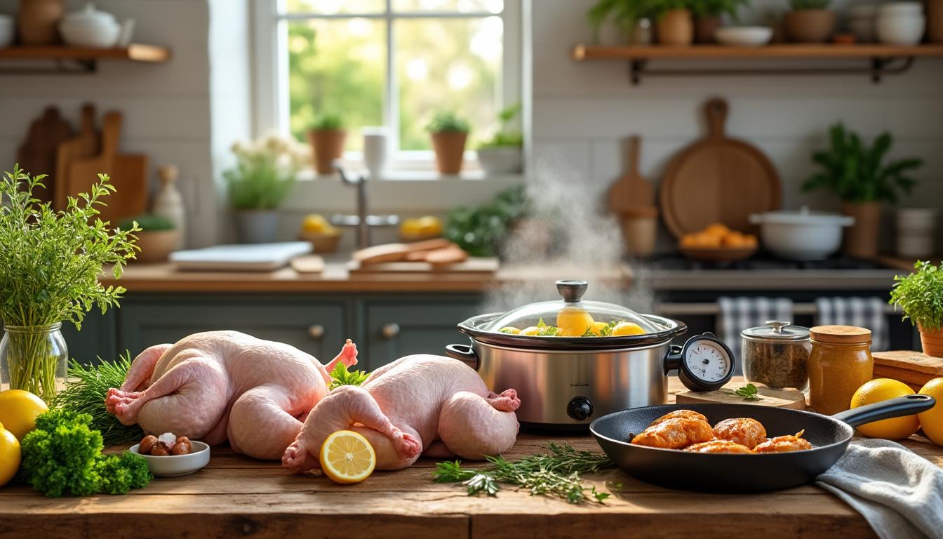 découvrez notre guide pratique pour maîtriser le temps de cuisson du poulet fermier, adapté selon le poids et la méthode choisie, pour un résultat toujours parfait et savoureux.